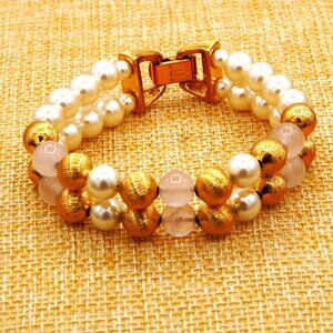Vintage Napier Double Strand Bead Jadeite Faux Pearl Gold Tone Bracelet